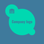 A company logo is shown in the middle of a blue background.